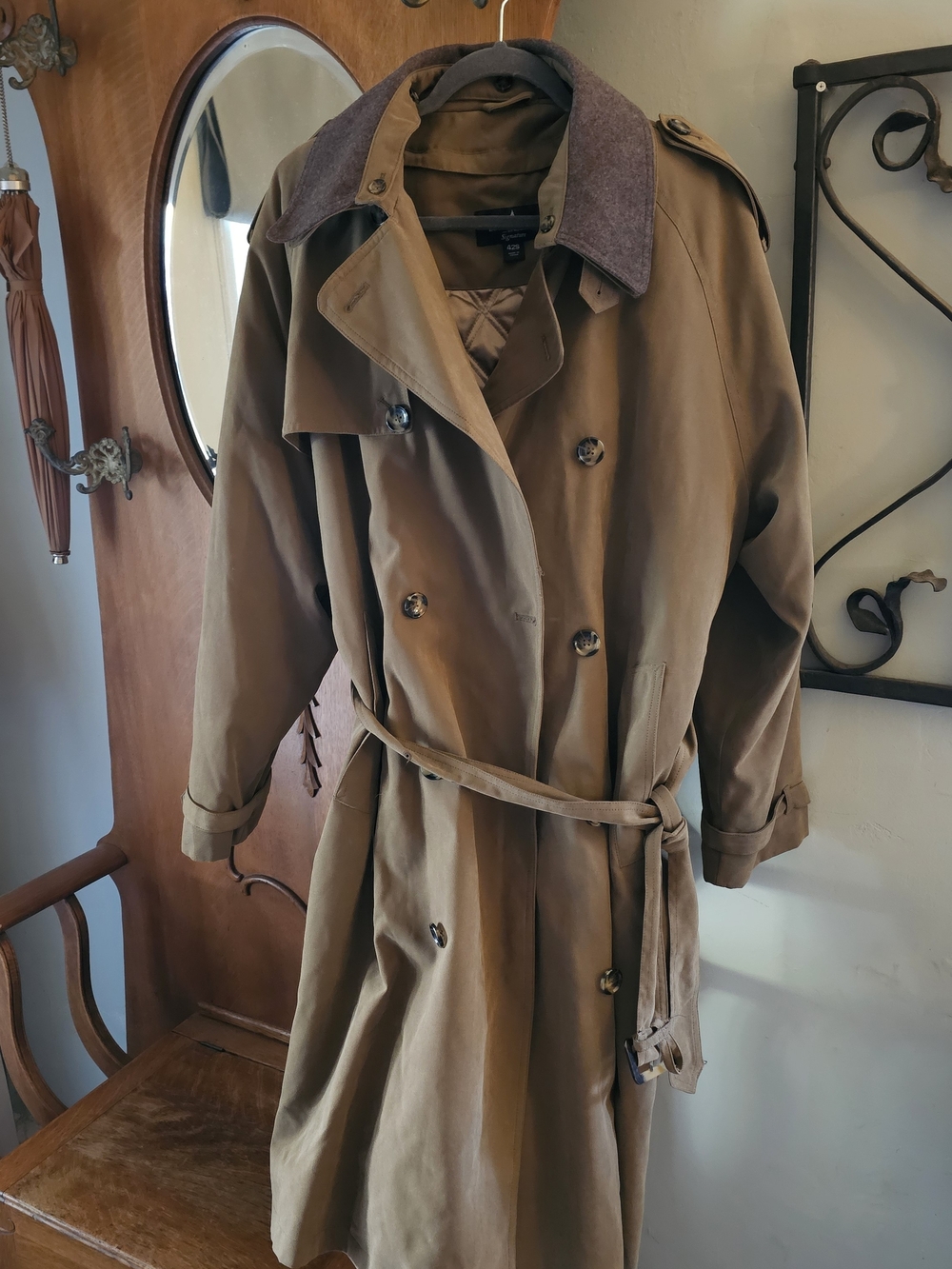 London Fog Signature 42S Brown Trench Coat Wool Collar Belted Classic